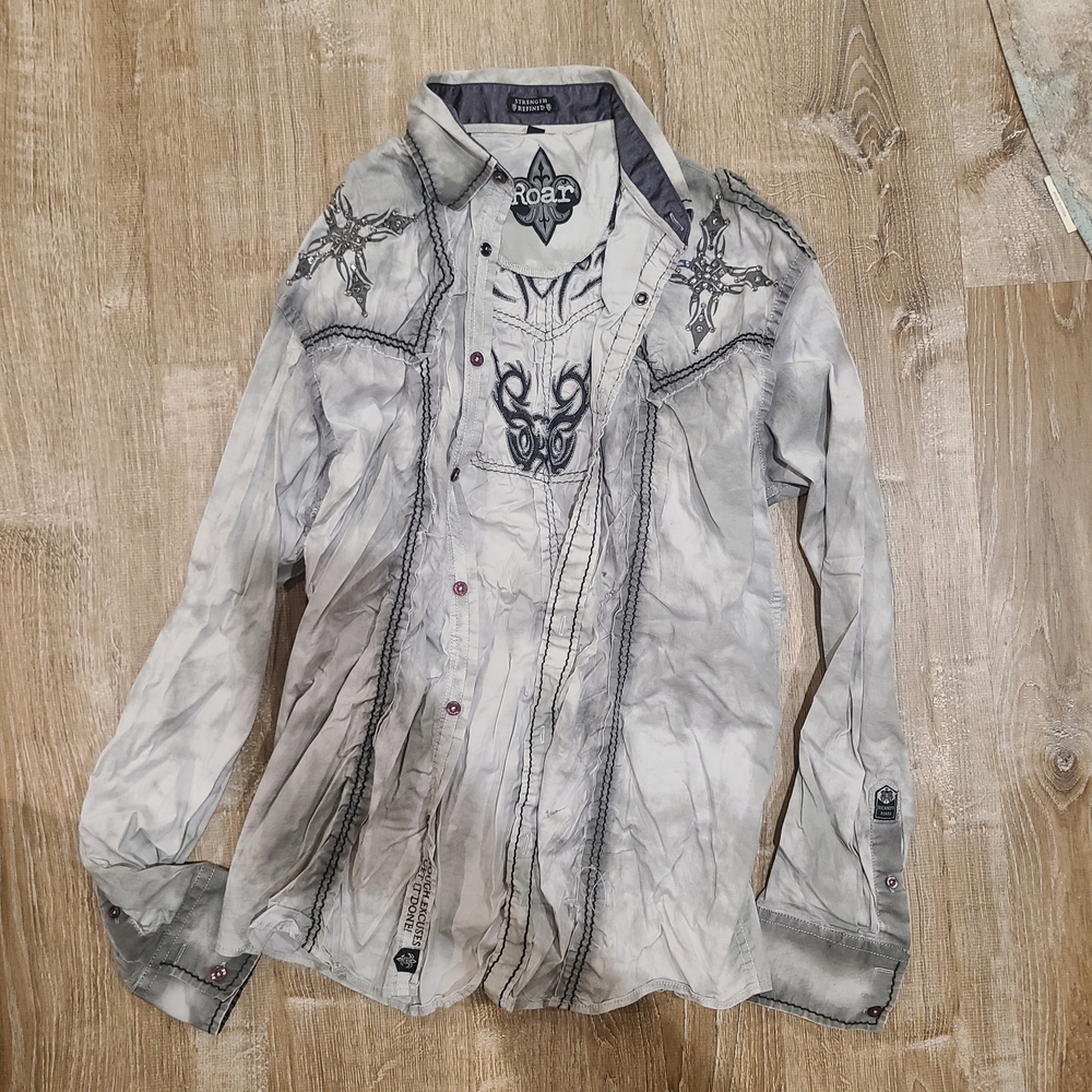 Men's Roar Strength Refined Gray Stylish Button Down Shirt L